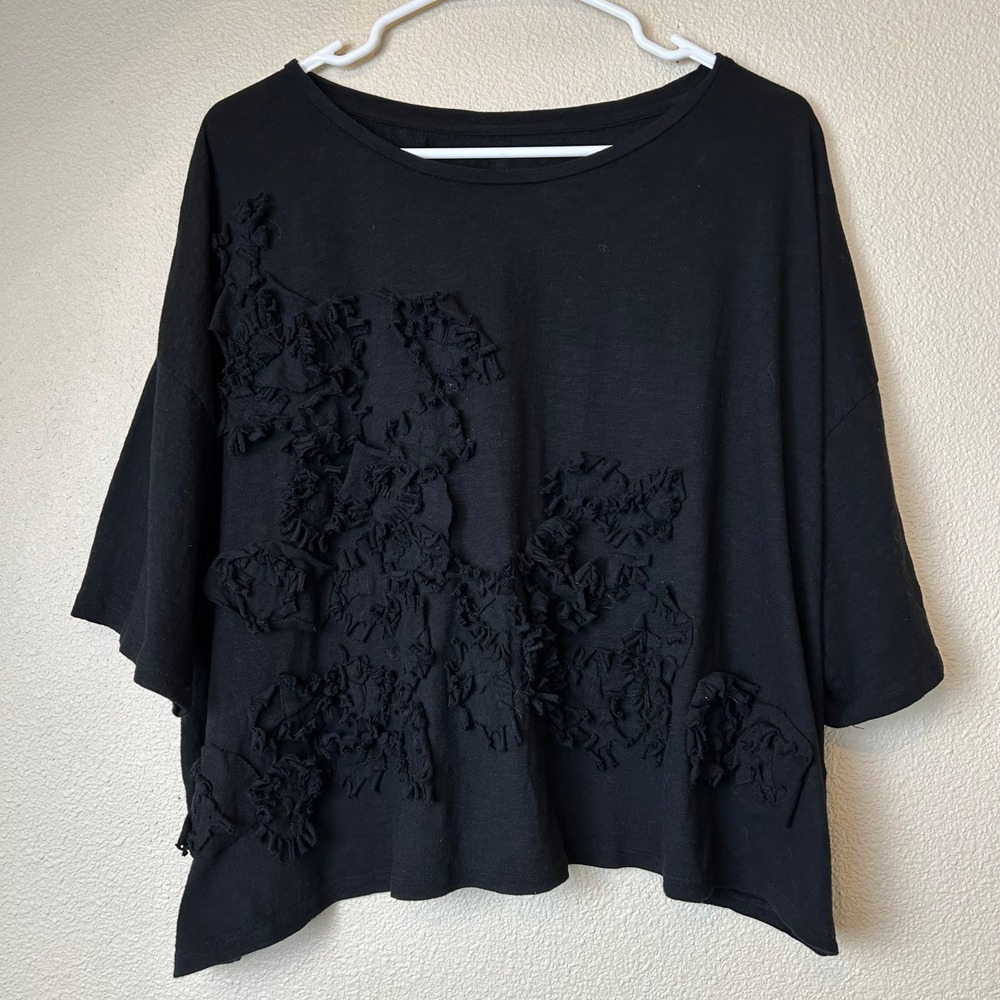 Krista Larson Crop Anemone Top Black Cotton 3D Ruffle Lagenlook OS M L XL 1X